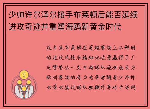 少帅许尔泽尔接手布莱顿后能否延续进攻奇迹并重塑海鸥新黄金时代